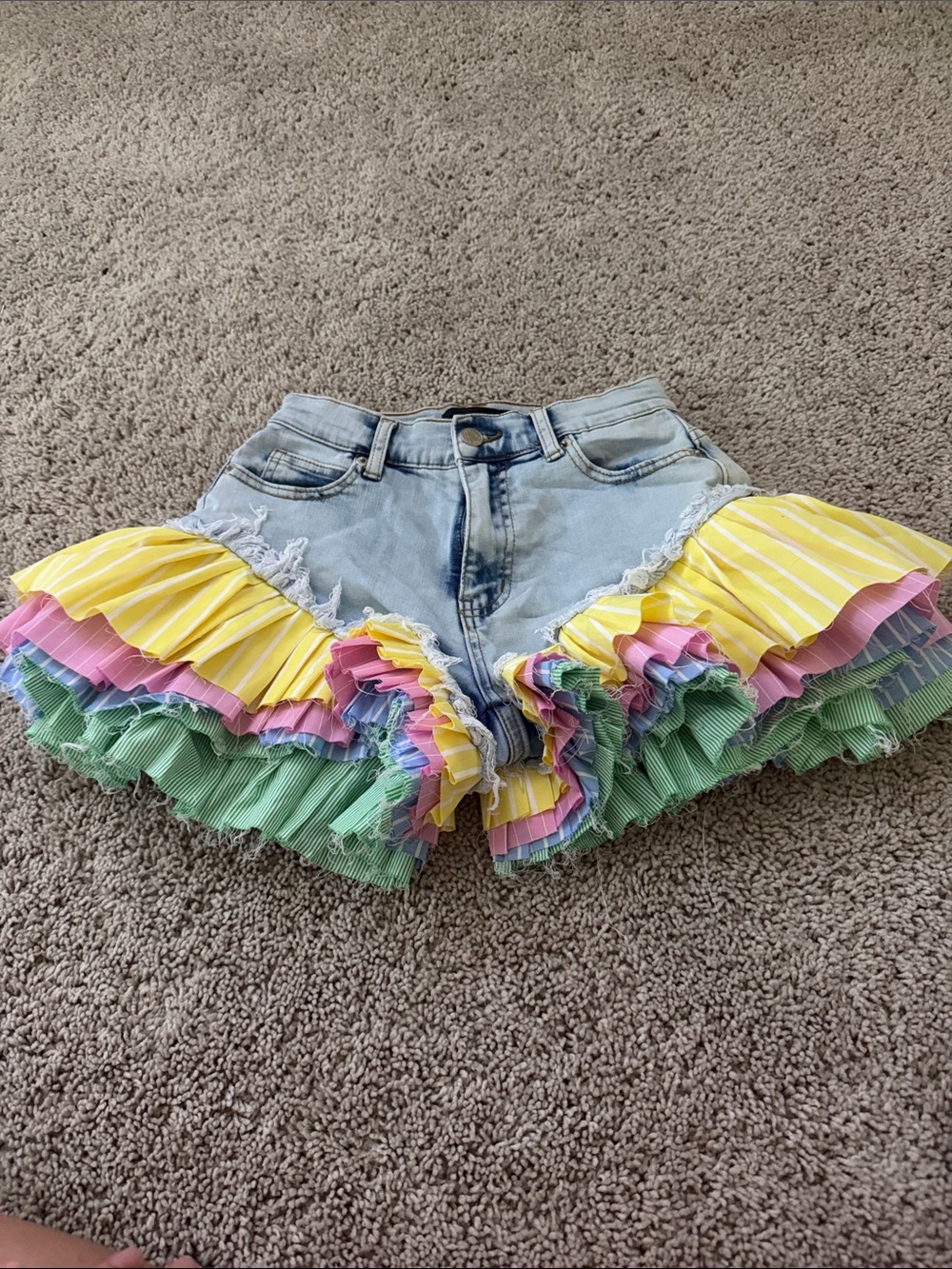 AKIRA Light Wash Denim Shorts with Yellow Pink Green Ruffle Trim